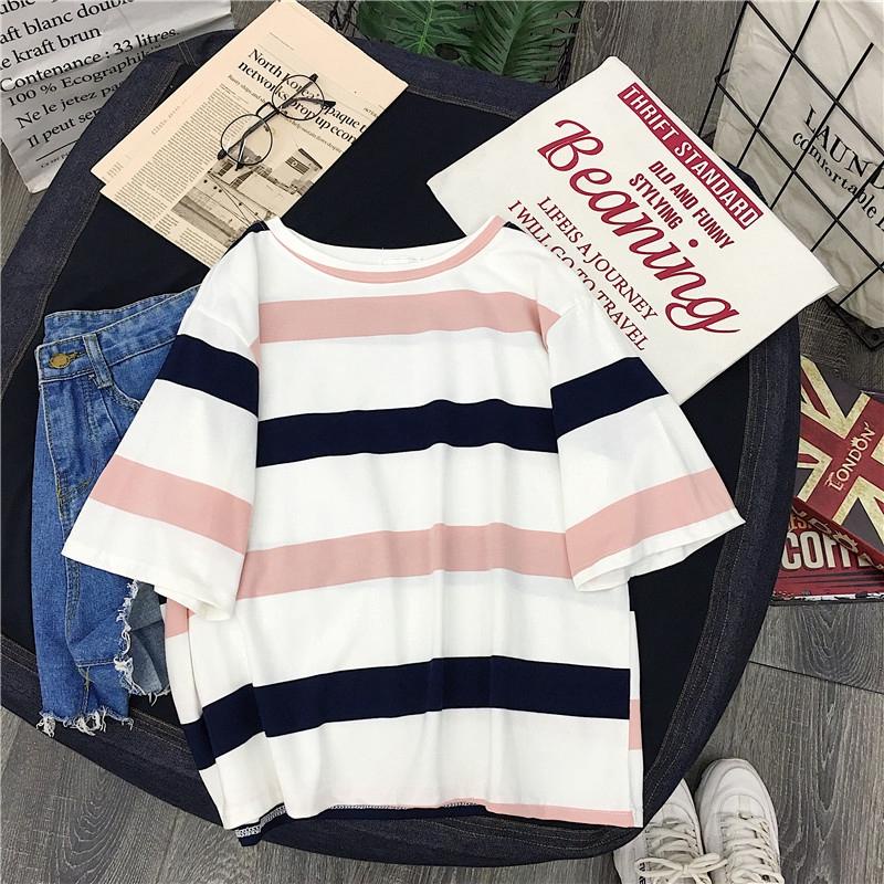 NUZIRO  Áo thun tay ngắn cổ tròn dáng rộng họa tiết kẻ sọc kiểu dáng Hàn Quốc dễ thương cho nữ