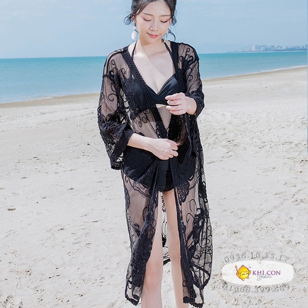 ÁO KHOÁC ĐI BIỂN, ÁO KIMONO ĐI BIỂN SÀNH ĐIỆU HỌA TIẾT BƯỚM MÀU ĐEN