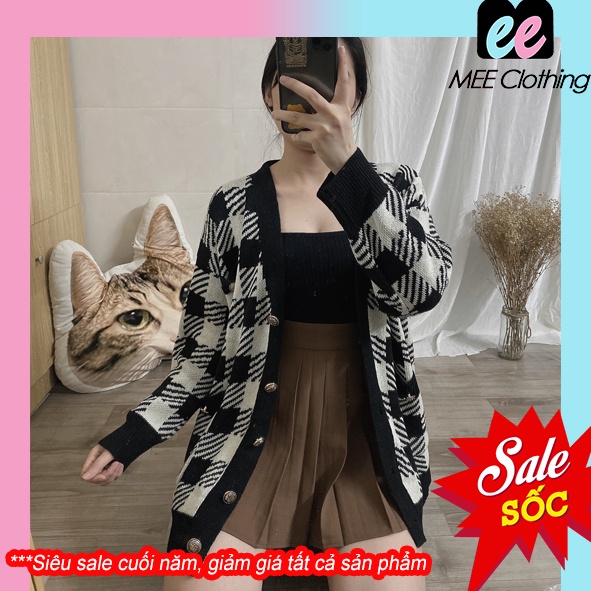 Áo cadigan len kẻ ô form dài dộng - Cadigan len phong cách Hàn quốc