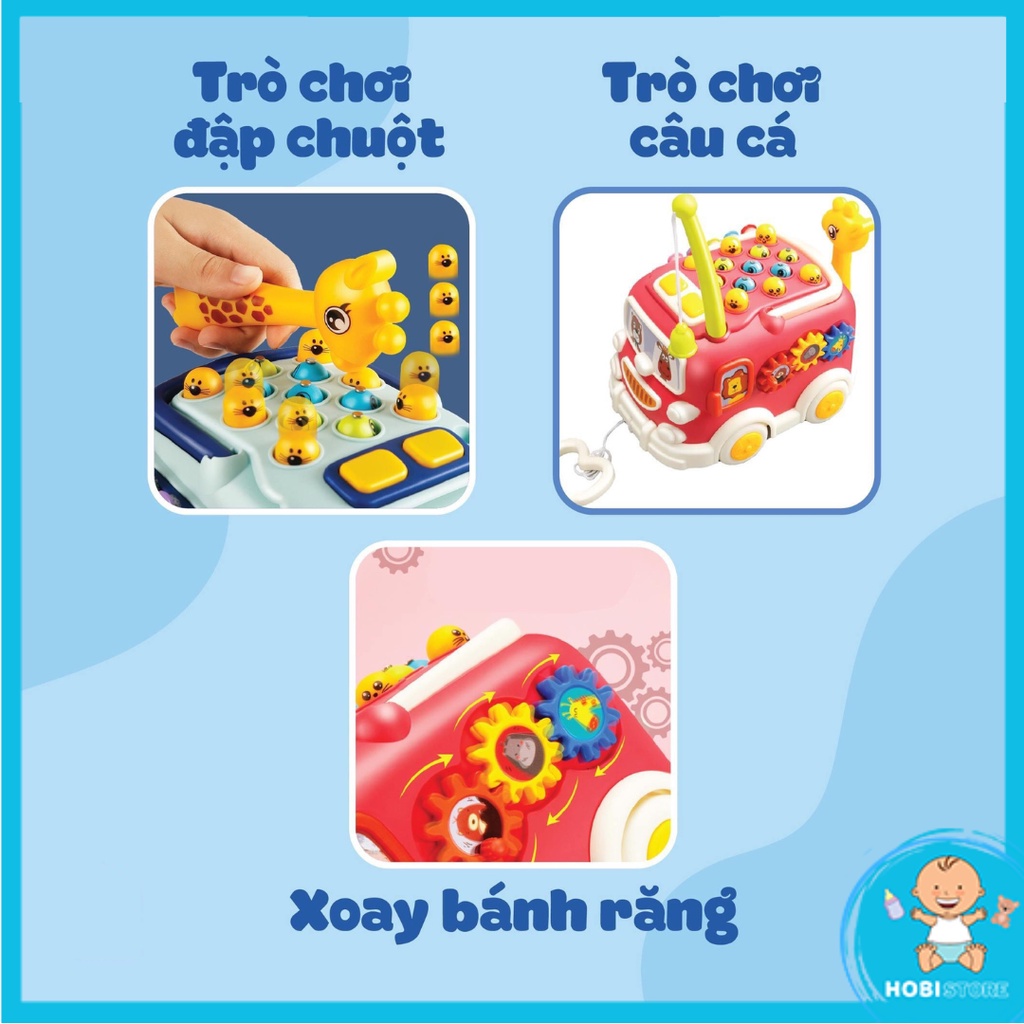 Hộp âm nhạc, xe bus âm nhạc 6 mặt đa năng cho bé có nhạc, đồ chơi xe buýt đàn gõ, câu cá, đập chuột, bánh răng - Hobi