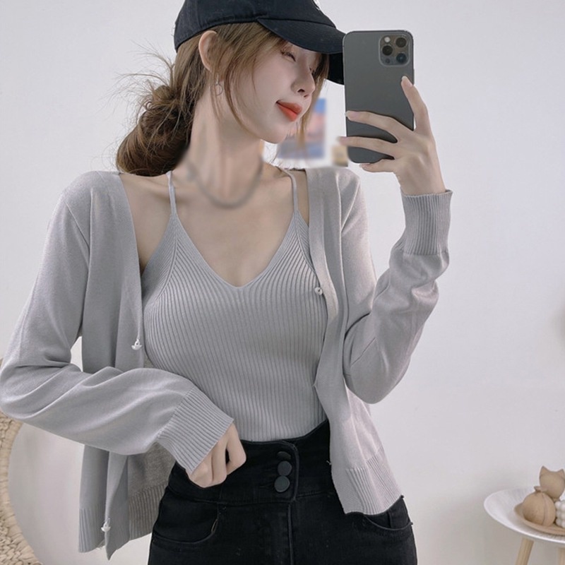 Set Áo Cardigan Dệt Kim Tay Dài + Áo Hai Dây Màu Sắc Đơn Giản Phong Cách Hàn Quốc Cho Nữ