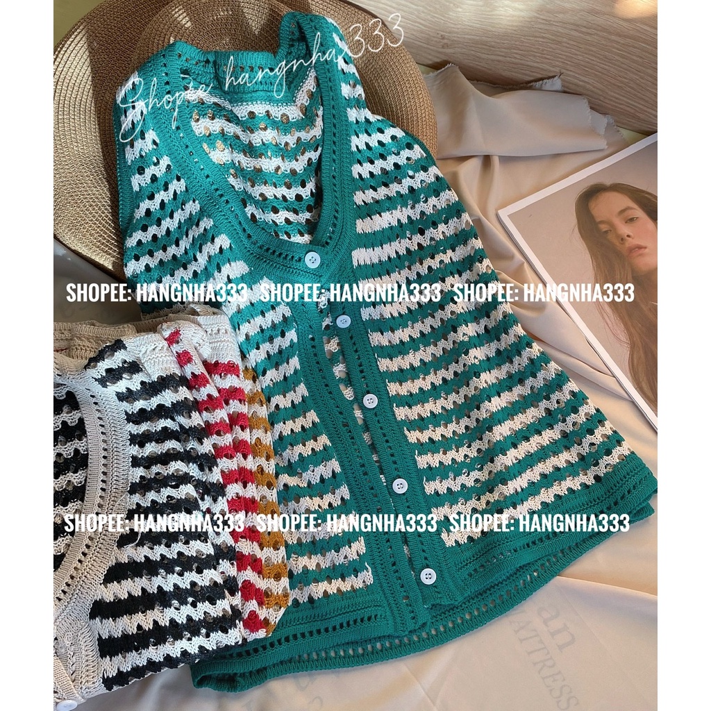 Áo len gile tanktop sát nách dáng rộng cài khuy hoạ tiết sọc ngang nhiều màu vintage
