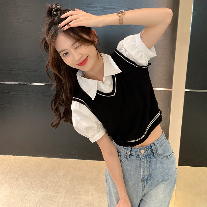 Áo sơ mi croptop XIAOZHAINV tay ngắn cổ bẻ màu sắc tương phản phong cách Hàn Quốc cho nữ