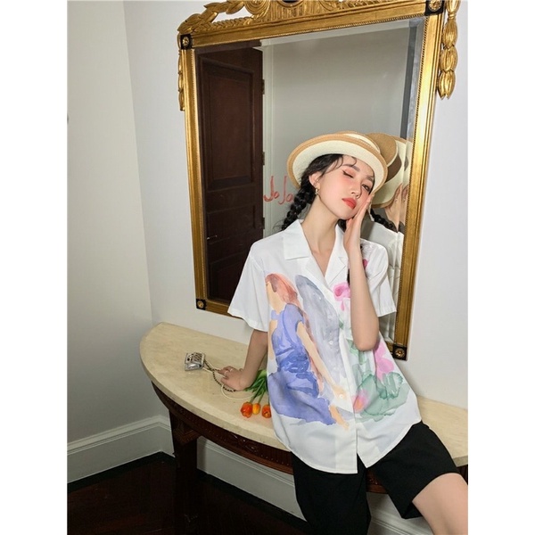 Áo sơ mi ngắn tay in hình cổ điển phong cách Hồng Kông