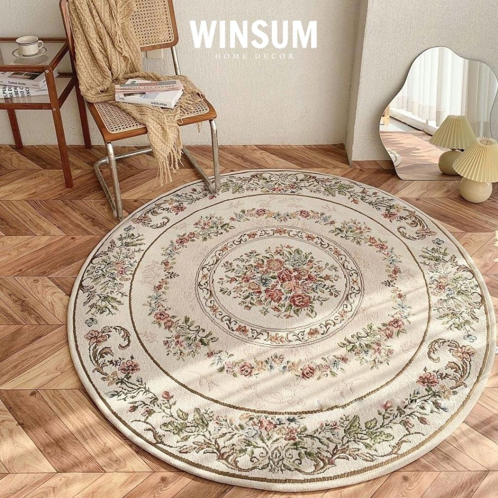 Thảm tròn lót sàn trang trí phòng ngủ chất dày hoa văn vintage kiểu châu Âu - winsum.decor