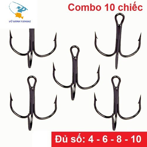 Combo 10 Lưỡi Câu 3 Tiêu có ngạnh Thép không rỉ gắn mồi giả, câu lure lưỡi ba tiêu