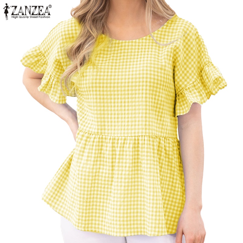 Zanzea Áo Kiểu Babydoll Tay Phồng Họa Tiết Sọc Caro Phong Cách Châu Âu Thời Trang Cho Nữ