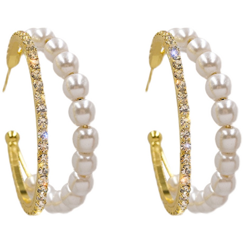 Bông Tai Mạ Bạc 925 Hình Chữ C Đính Ngọc Trai Lấp Lánh Phong Cách Hàn Quốc