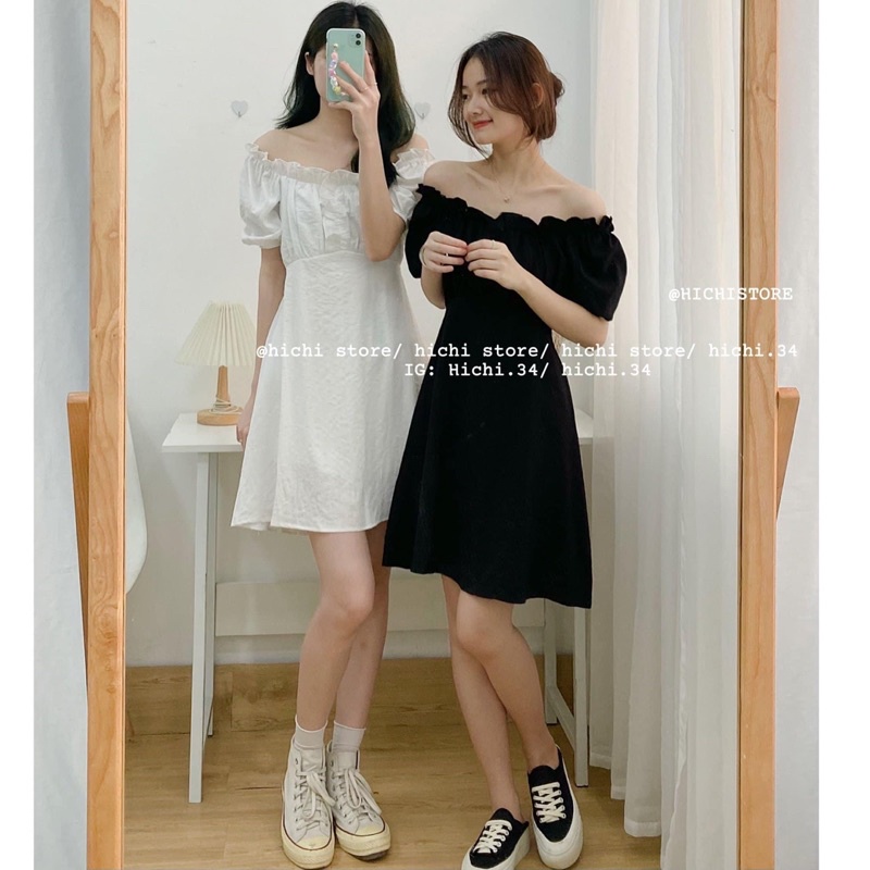 Váy trễ vai cổ bèo tay bồng chất đũi xước siêu mát