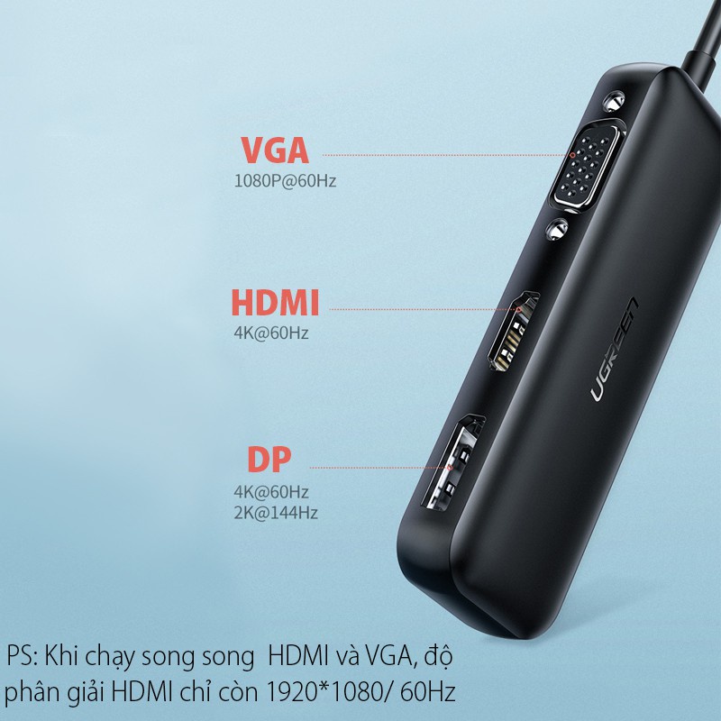Bộ chuyển đổi đa năng UGREEN 60568 Chuyển đổi Type-C sang HDMI + VGA + DP - Vỏ hợp kim