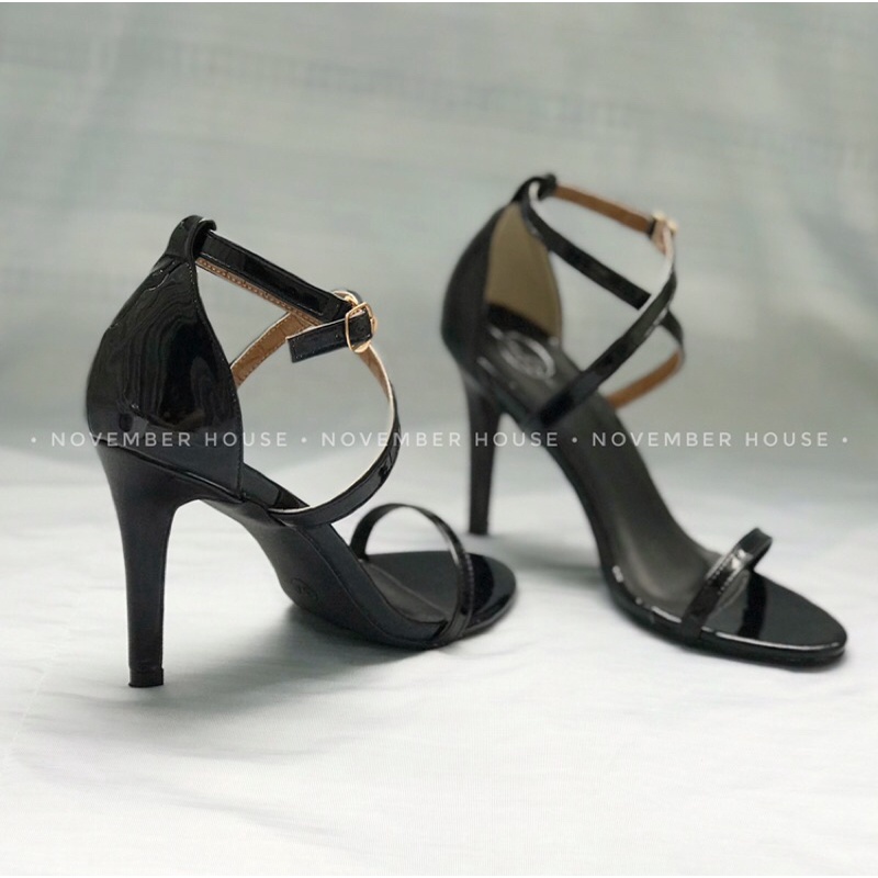 Giày sandal cao gót nữ da bóng kiểu dáng chéo dây mảnh gót nhọn bền đẹp ôm chân, SD49, November House