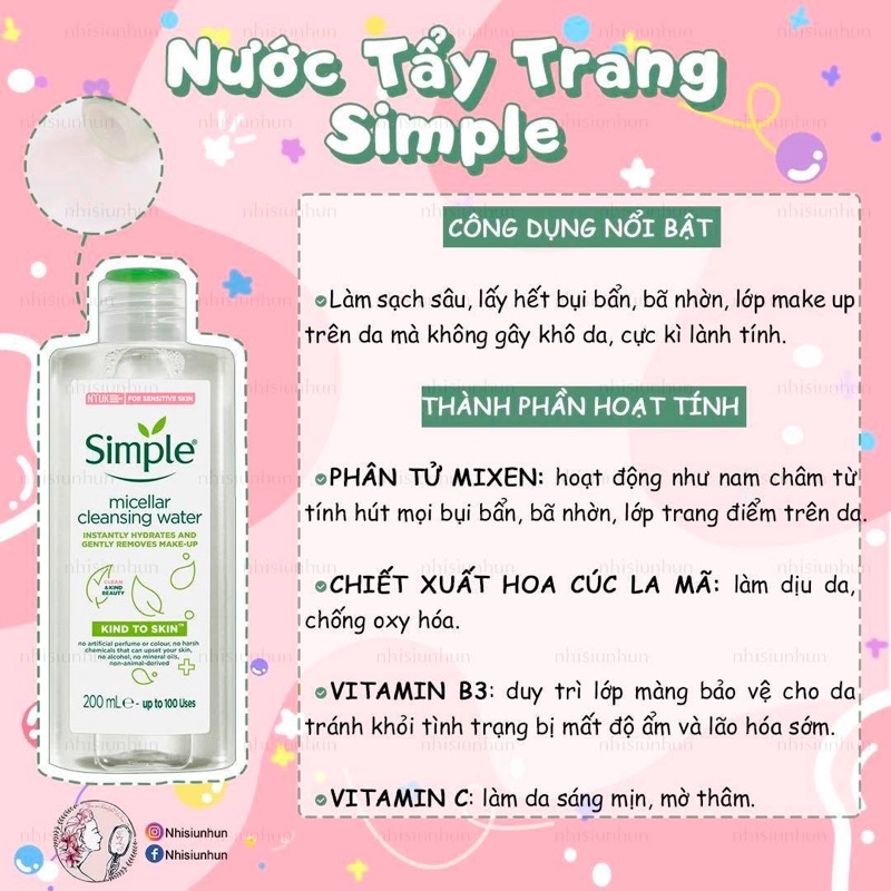 [Hàng nhập khẩu chính ngạch] Nước tẩy trang Simple Kind to Skin Micellar Cleansing Water