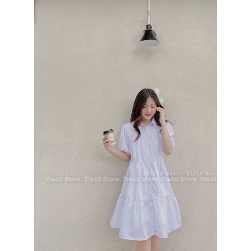 Váy trắng babydoll cổ sơmi tầng Tia19. Đầm dáng xoè form rộng ulzzang ( Ảnh thật)