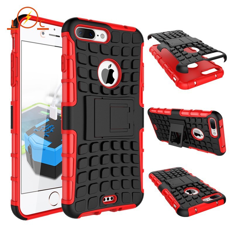 👉 iPhone 7 8 Plus Case Armor Tire Texture Anti-fall Cover With Stand Holder