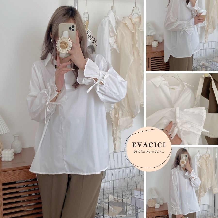 Áo sơ mi nữ trắng dài tay chất thô cổ đức đuôi tôm tay bèo rút dây nơ vintage. Áo trắng tiểu thư dài tay kèm nơ