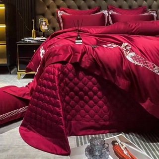 Bộ chăn ga gối lụa cưới đỏ trần bông
