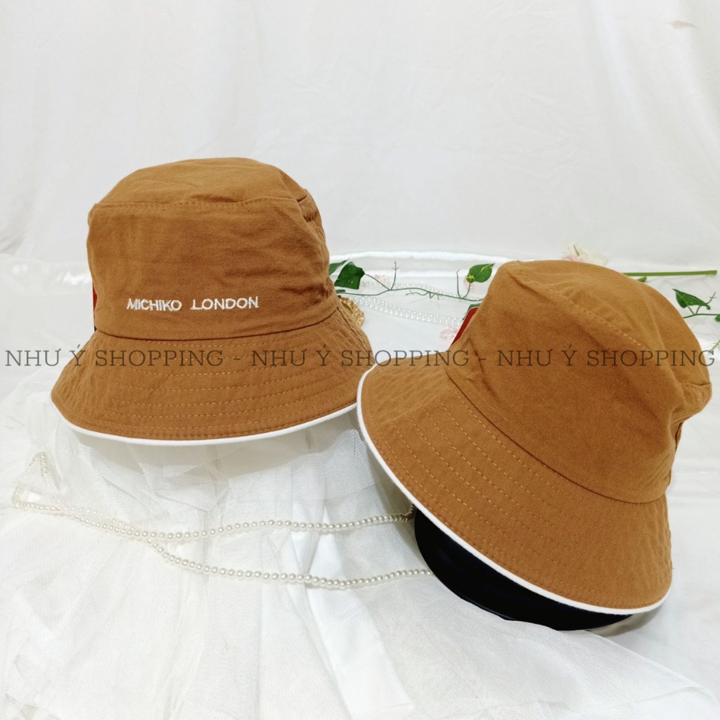 Nón vải/mũ vải bucket unisex thêu chữ chất đẹp màu nâu viền trắng sành điệu,nam nữ đội đẹp