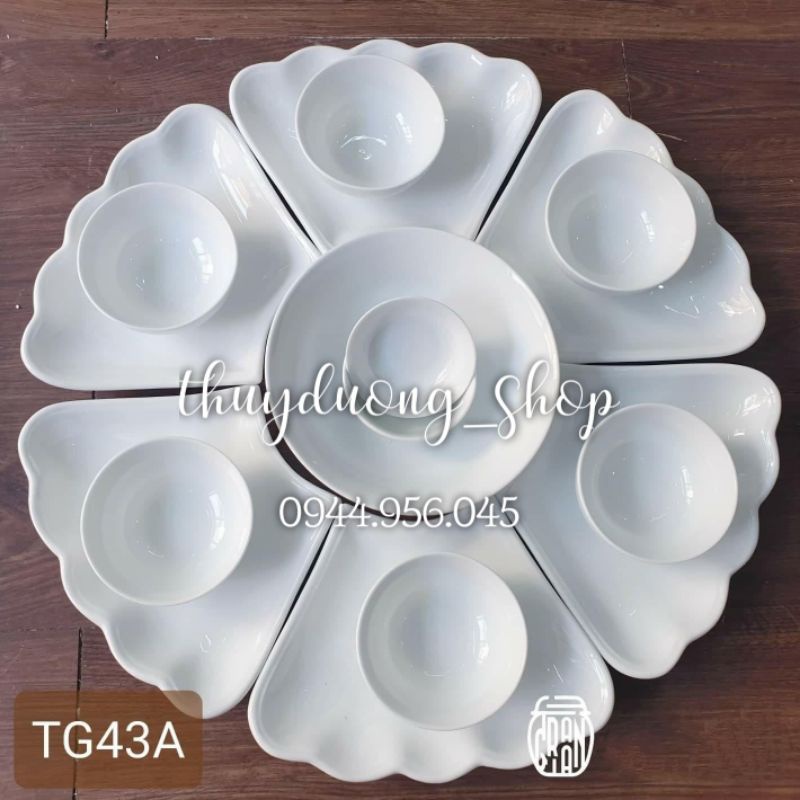 Bộ bát đĩa  hoa mặt trời men trắng Bát Tràng