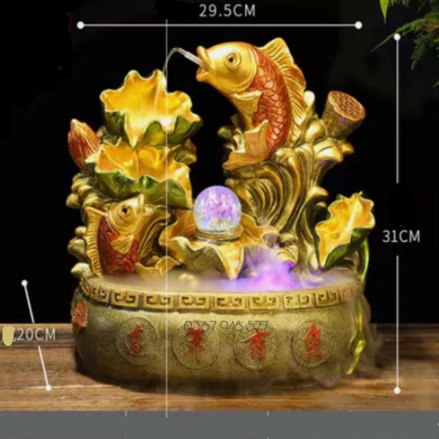Thác nước phong thuỷ để bàn và đài phun nước lá sen với cá chép vượt ngũ môn màu vàng ,kích thước 29 x 20 x 31cm | BigBuy360 - bigbuy360.vn