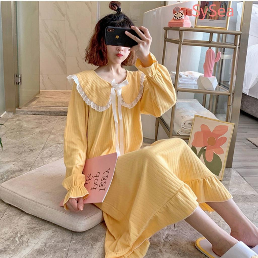 Đầm ngủ tay dài dáng rộng thiết kế thắt nơ thời trang dễ thương cho nữ