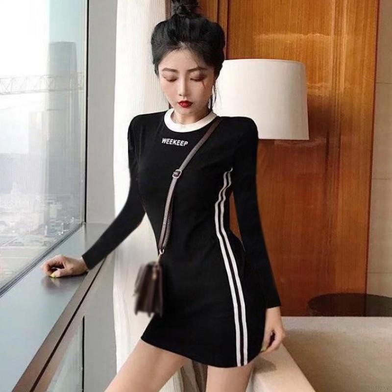 Đầm Bó Tay Dài Cổ Tròn In Chữ Kiểu Hàn Cho Nữ