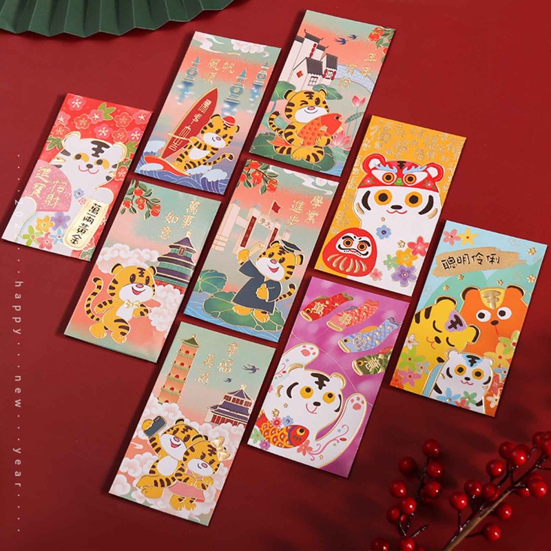 Set 5 bao lì xì năm mới 2022 màu đỏ phong cách truyền thống Trung Hoa