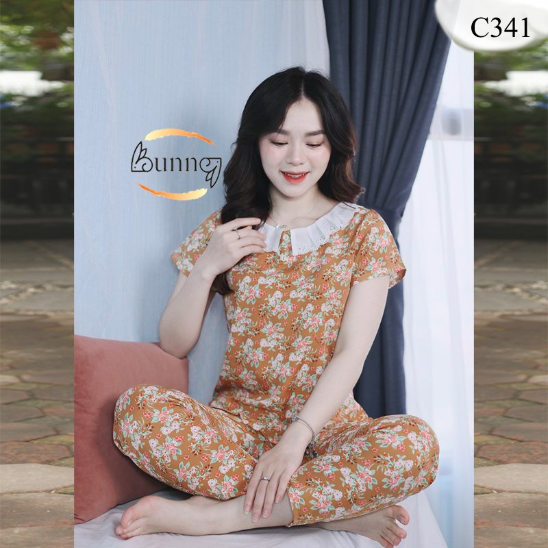 [Bunny] Đồ bộ nữ mặc nhà, quần áo nữ mẫu tay cộc quần dài chất liệu lụa hàn họa tiết hoa lá