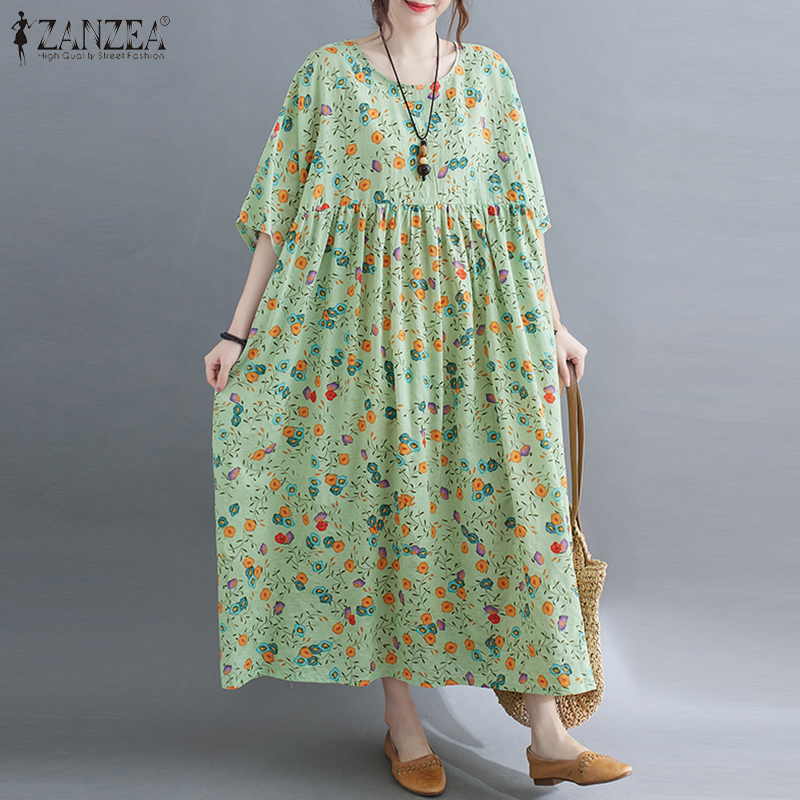 Đầm Nữ ZANZEA Dài Rộng Tay Ngắn In Hoa Mùa Lễ Thông Thường