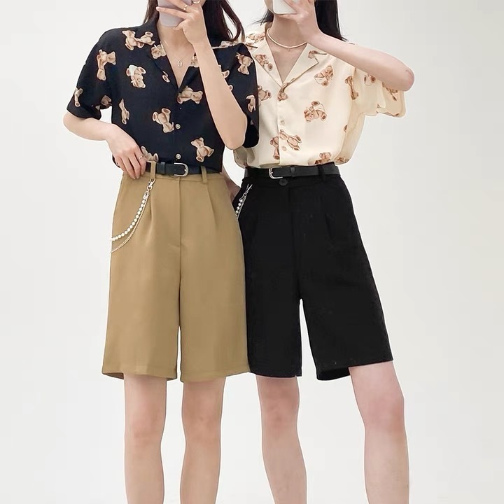 Áo sơ mi BH tay ngắn dáng rộng in họa tiết gấu đáng yêu mẫu 2021 phong cách Hàn Quốc thời trang cao cấp cho nữ
