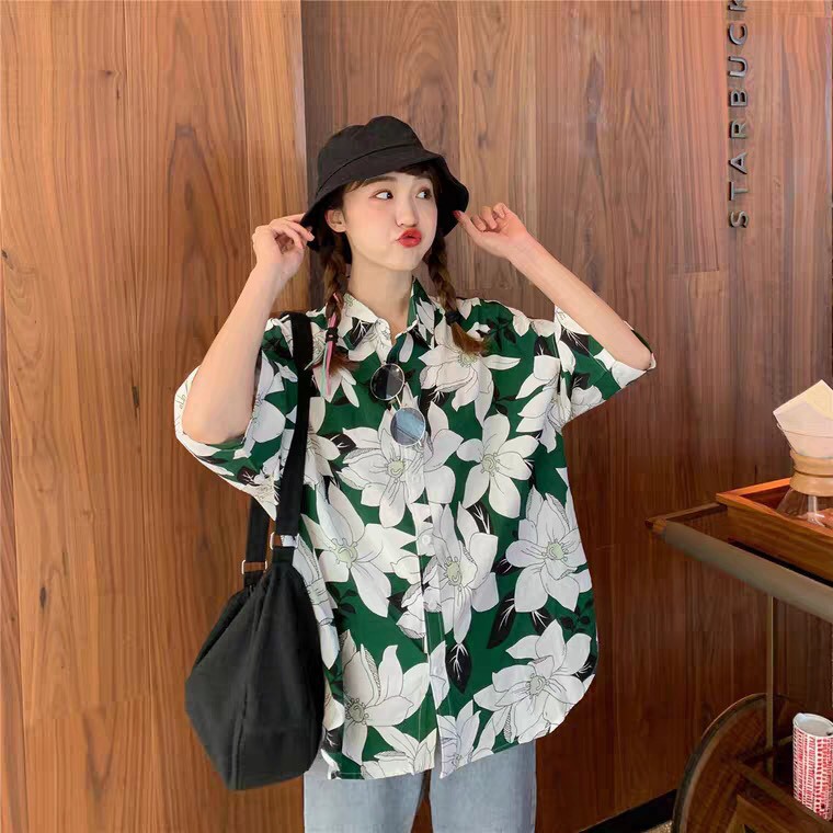 SƠ MI LOANG HOA XANH LÁ - SƠ MI HOA XANH TRẮNG ULZZANG