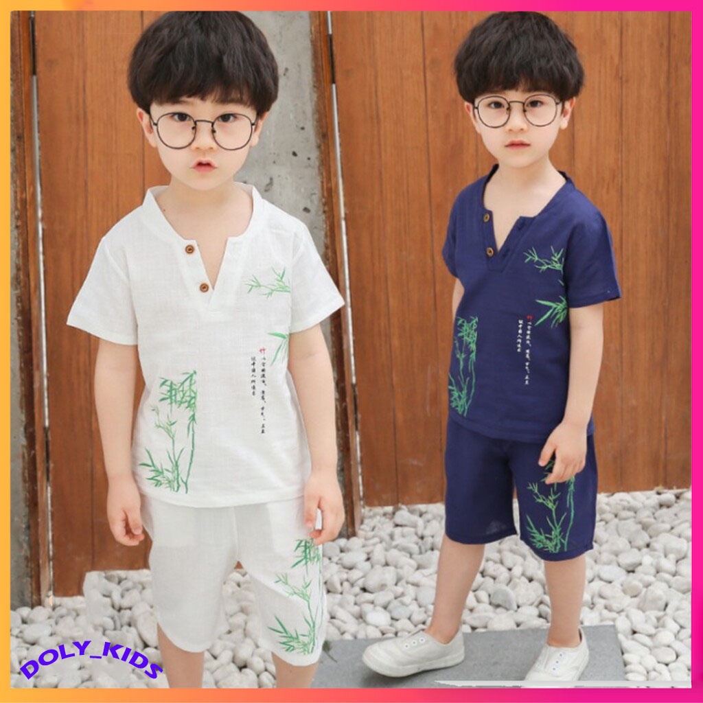 Bộ cộc tay cho bé trai Binbon kids, Đồ bộ bé trai Chất đũi in hình Cây Tre cực mát cho bé 6-28kg QATEA68