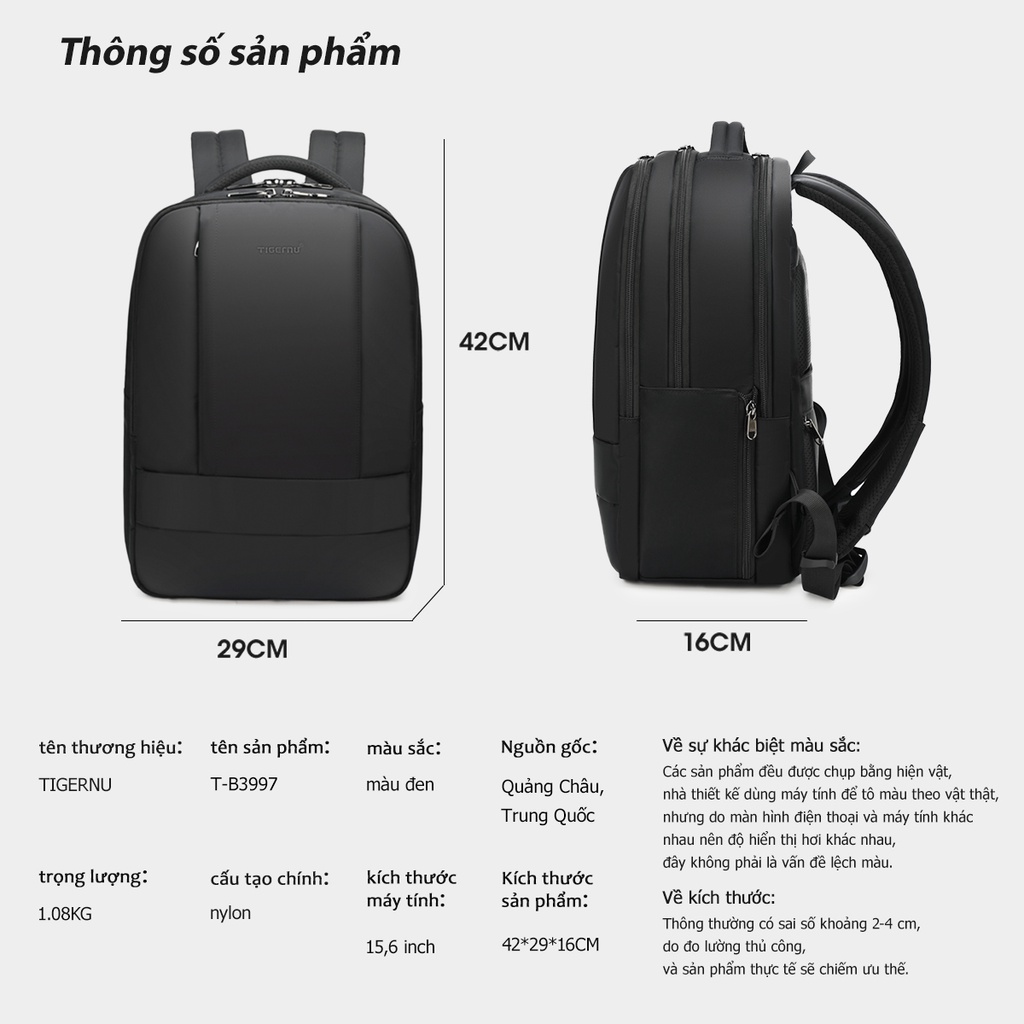 Tigernu Ba Lô Đựng Laptop Siêu Nhẹ Chống Thấm Nước / Sốc / Trộm Kích