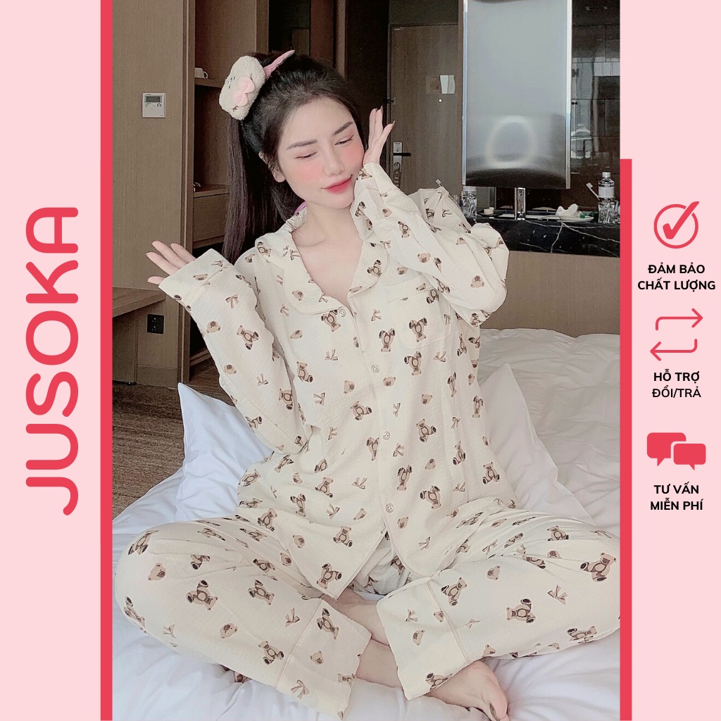 Đồ bộ Pijama nữ dài tay mặc nhà chất liệu xốp nhún siêu mềm mịn JUSOKA thumbnail
