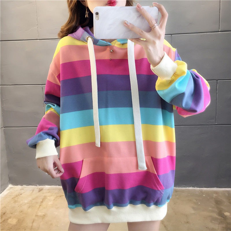 ⚡Cầu Vồng⚡ Áo Hoodie Dài Tay Họa Tiết Sọc Cầu Vồng Cho Cặp Đôi