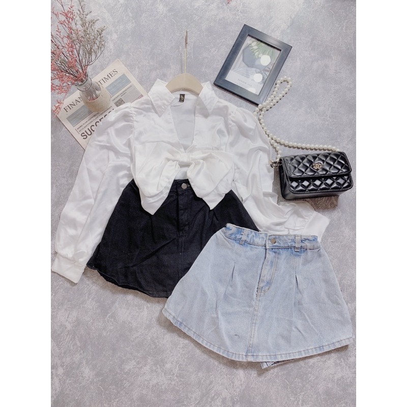 SET ÁO SƠ MI NƠ NGỰC MIX QUẦN VÁY BÒ CHUN LƯNG