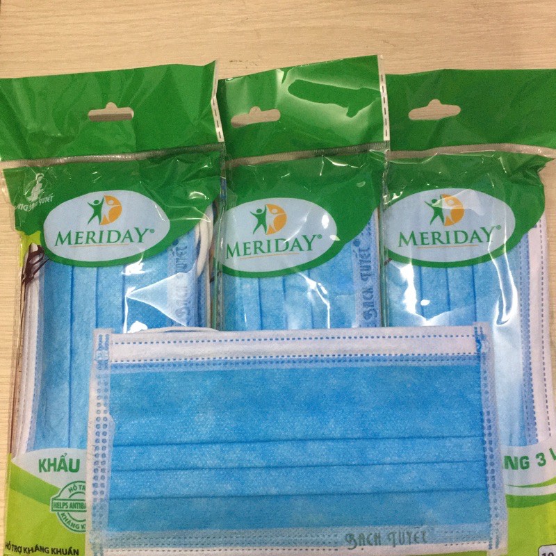 Khẩu Trang Xanh 3 lớp Meriday - gói 10 cái - Bông Bạch Tuyết | BigBuy360 - bigbuy360.vn