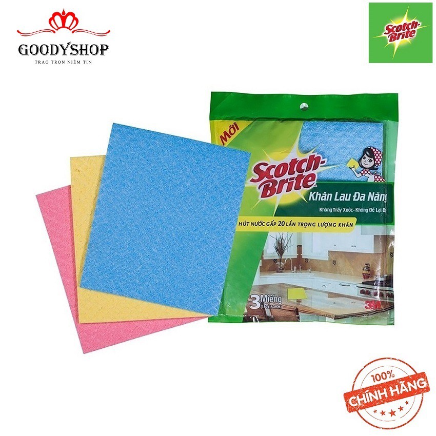 Com bo 2 gói khăn lau Scotch Brite 3M 18x20cm đa năng (2 gói – 6 miếng) sản phẩm thân thiện với môi trường