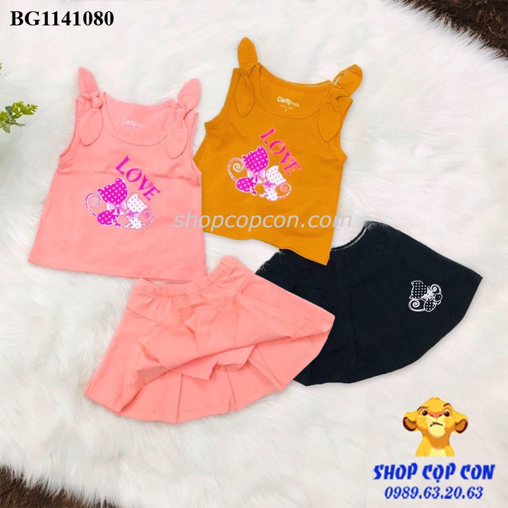 Set áo váy xếp ly thun cotton in hình mèo cho bé gái từ 22-30kg