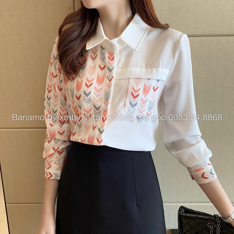 Áo sơ mi lụa trắng phối họa tiết dài tay áo sơ mi công sở chất đẹp thời trang Banamo Fashion 375
