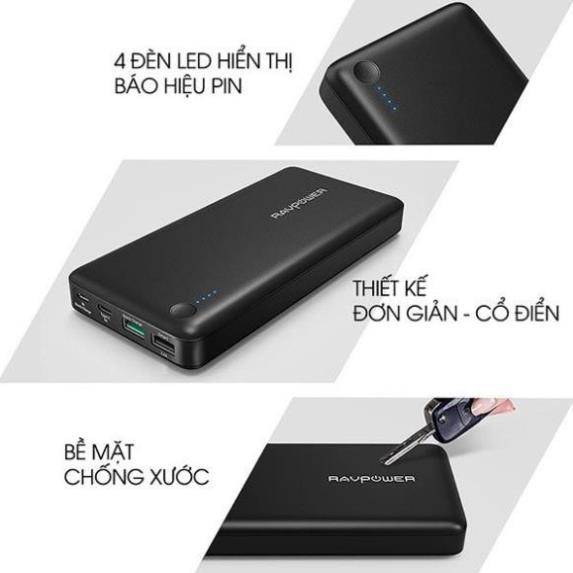 Pin sạc dự phòng RAVPower RP-PB043 20100mAh QC 3.0 18W & USB-C 5V/3A (In/Out)-Thương hiệu USA- HÀNG CHÍNH HÃNG