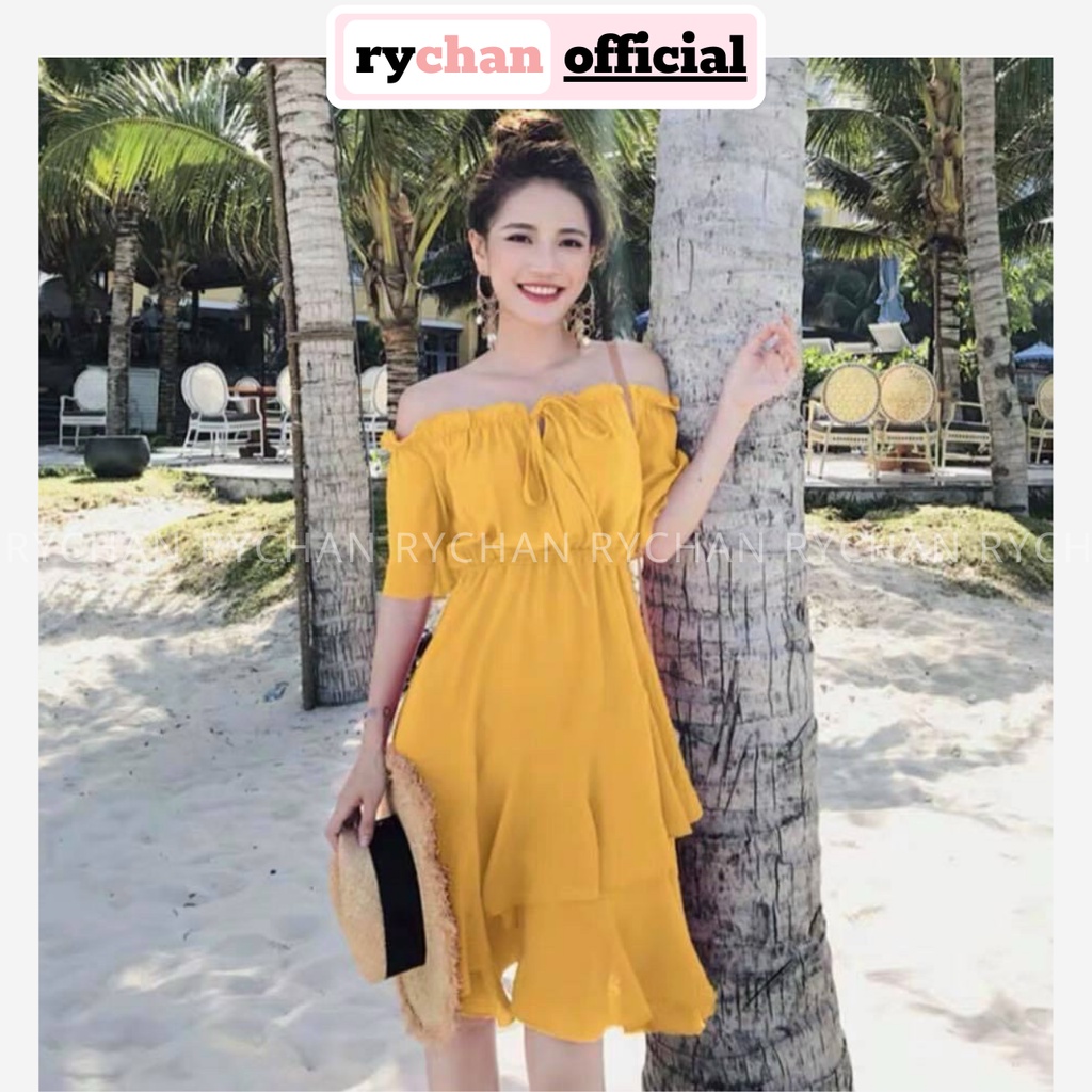 Đầm Xòe Đi Biển Midi Đen Trễ Vai Viền Bèo 3 Màu Đen Đỏ Vàng - DX0060