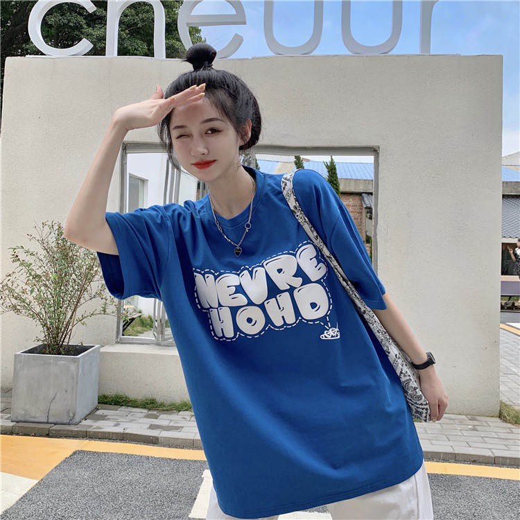 Áo thun tay ngắn cổ tròn dáng rộng in chữ thời trang mùa hè Hàn Quốc cho nữ