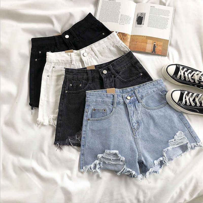 Quần đùi jean nữ rách đường phố Quần short nữ ống rộng lưng cao trắng Phong cách hàn quốc