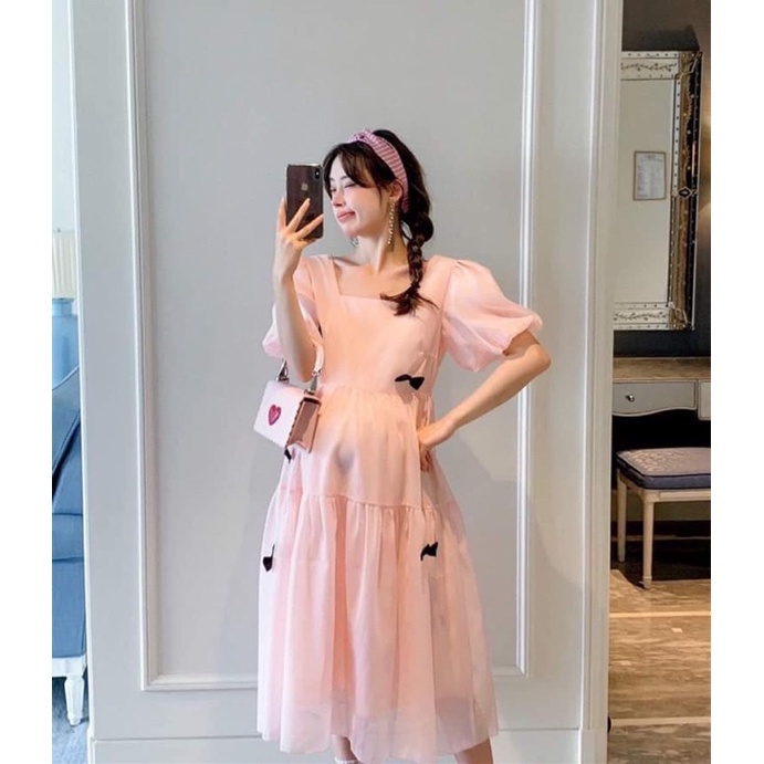 Đầm bầu tiểu thơ xinh xắn 2 lớp HOT TREND-Váy bầu babydoll dáng dài cổ vuông siêu xinh