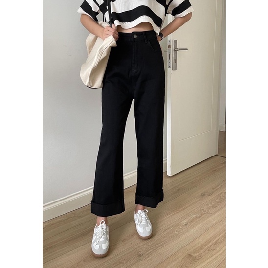 Quần Jeans ống suông gập gấu, cạp cao , co dãn hàng Quảng Châu