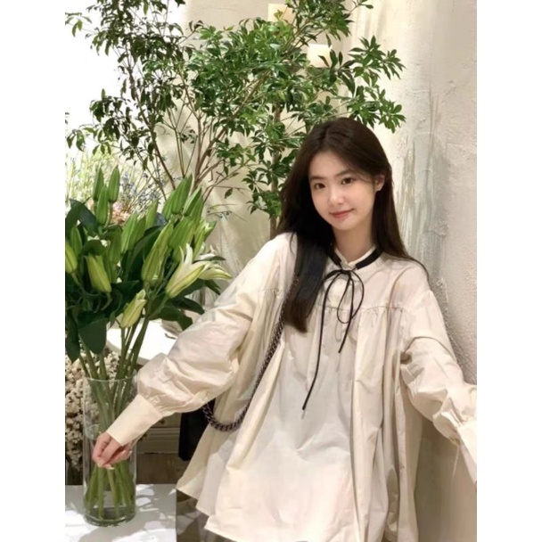Váy sơ mi dài tay cổ nơ, tay phồng mùa thu phong cách Hàn Quốc