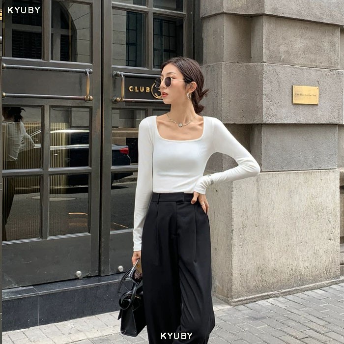 Áo croptop tay dài cổ vuông KYUBY Áo Thun dài tay cổ vuông dáng croptop