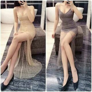 Đầm dạ hội 2 dây đính cườm lưới