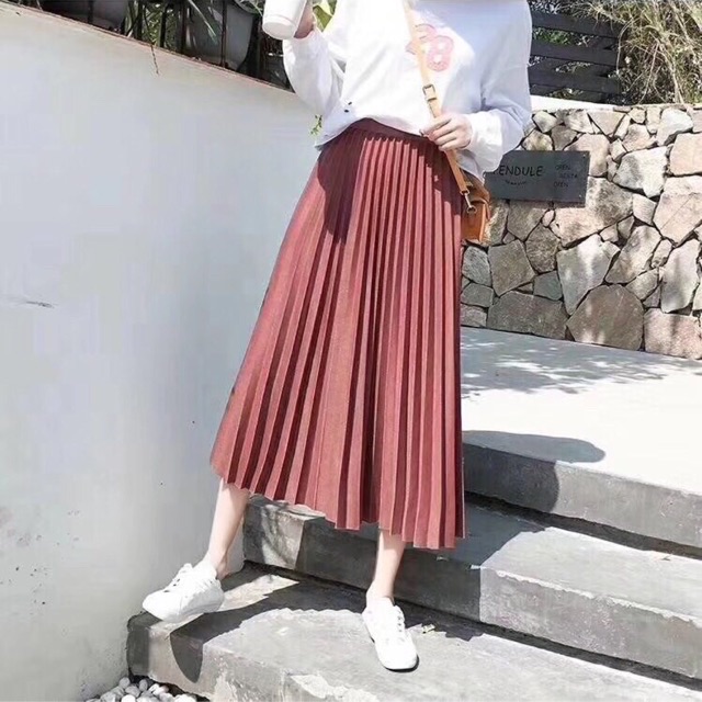 Chân váy midi xếp ly trơn 1 màu (hàng có sẵn)