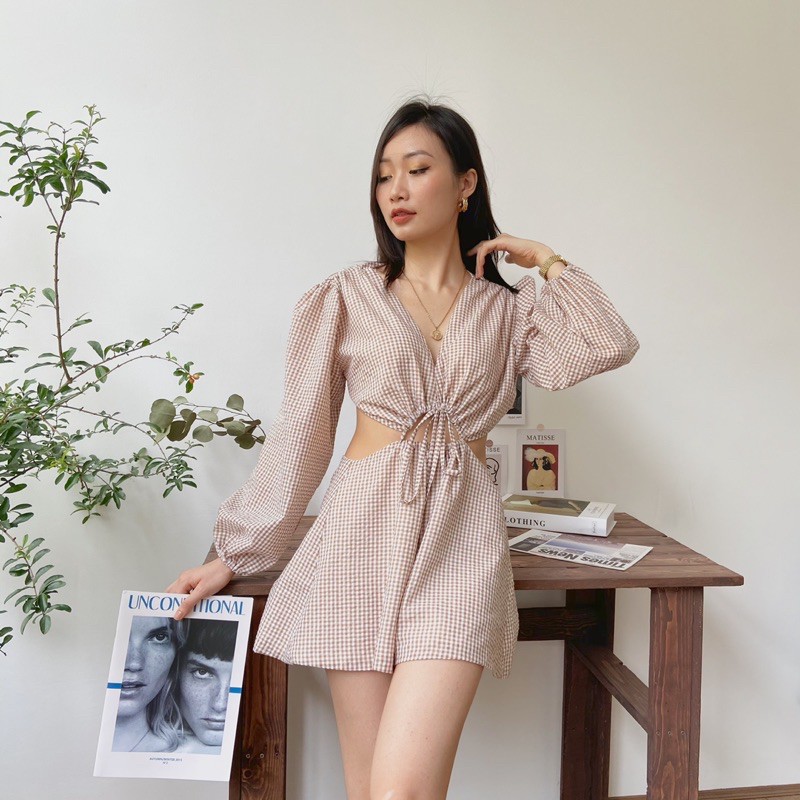 Set Jumpsuit thô kẻ ô dài tay cutout Mia Ritta B63